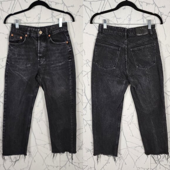 Zara Black Wash High Rise Straight Leg Crop Jeans Raw Hem - Picture 1 of 5